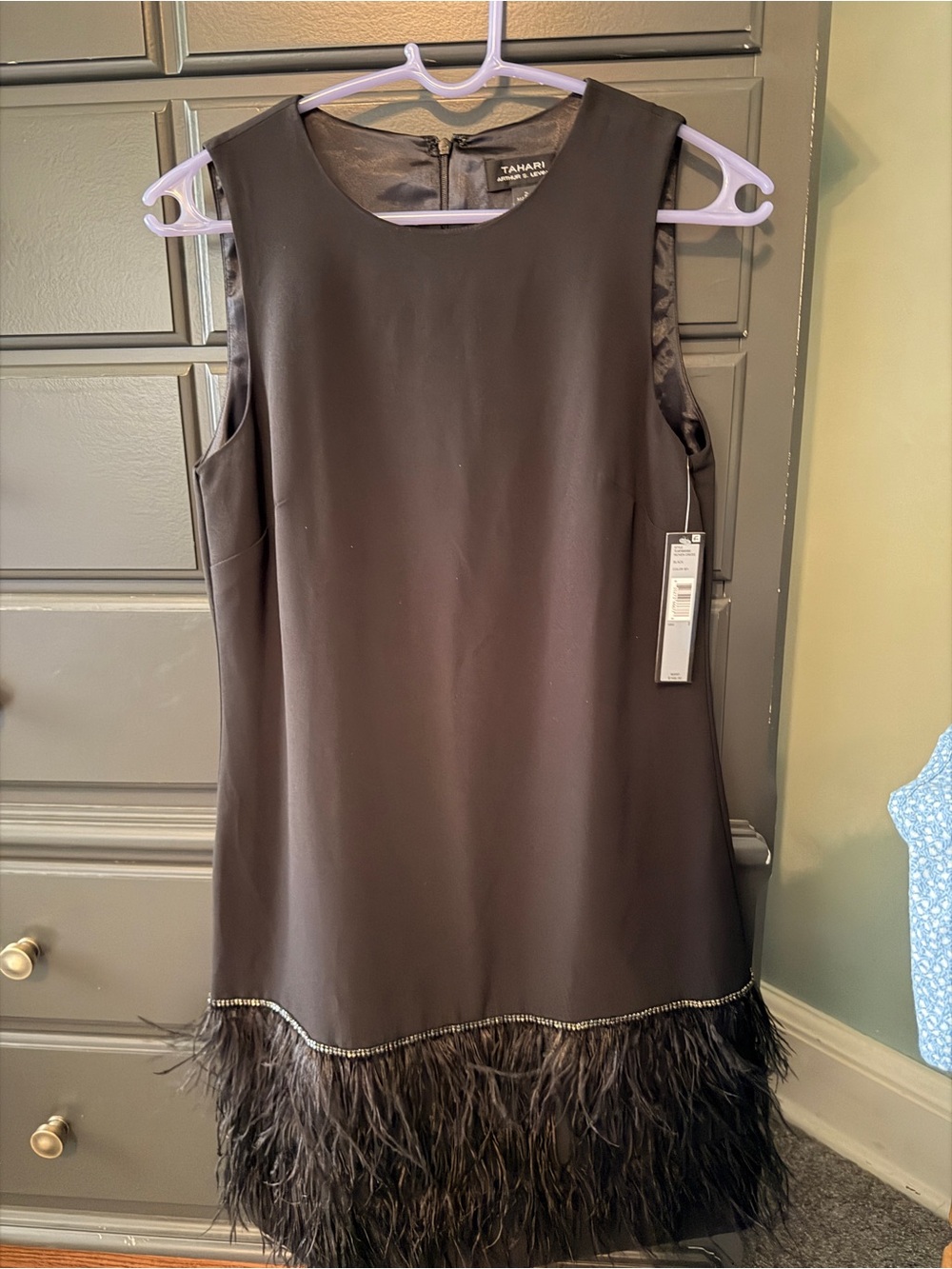 Tahari Black Sleeveless Mini Dress with Feather Hem